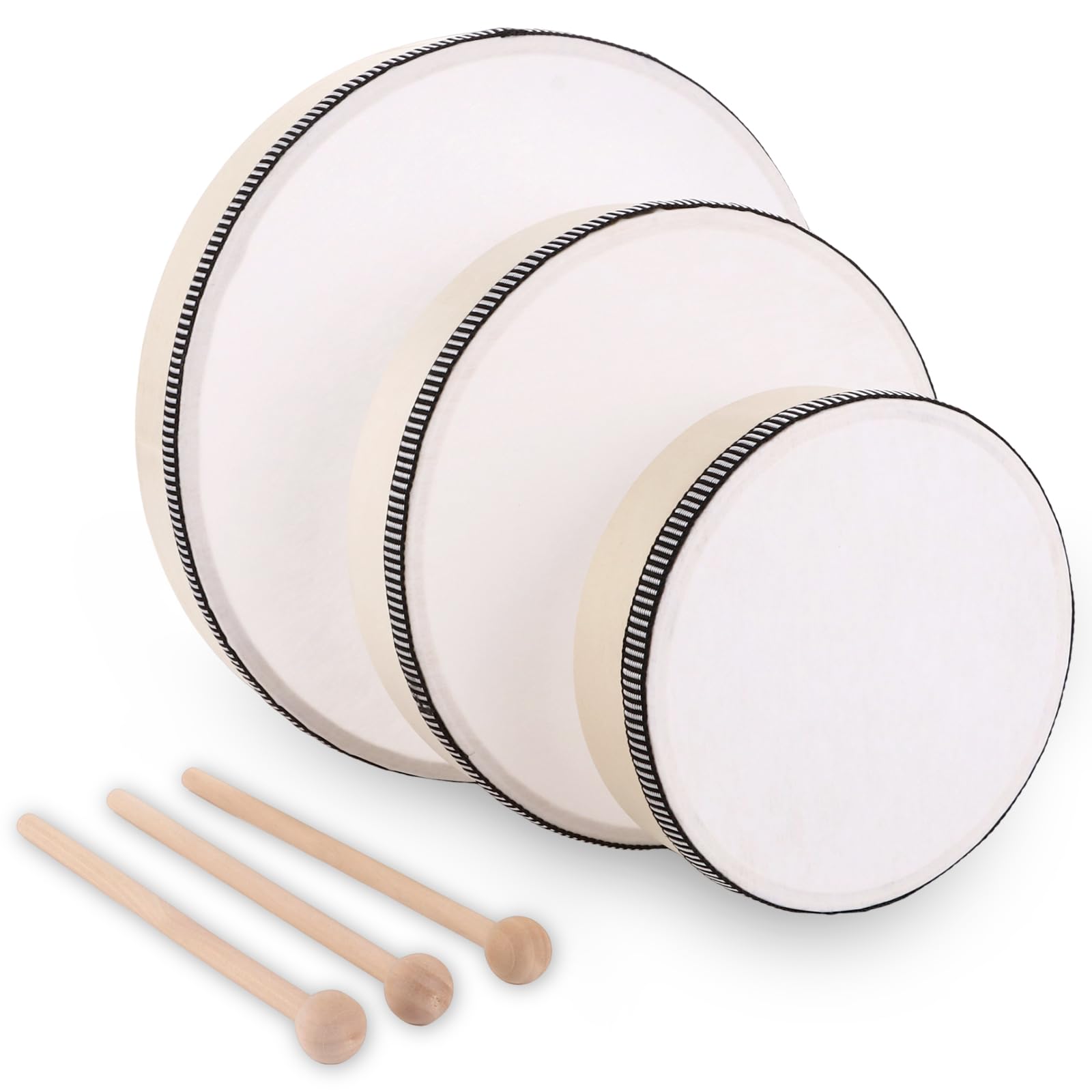 MIVIDE 3 Pièces Tambourin à main avec Maillet, Tambourins 15 cm, 20 cm et 25 cm, Tambourin à Main en Bois pour Fête, Performance