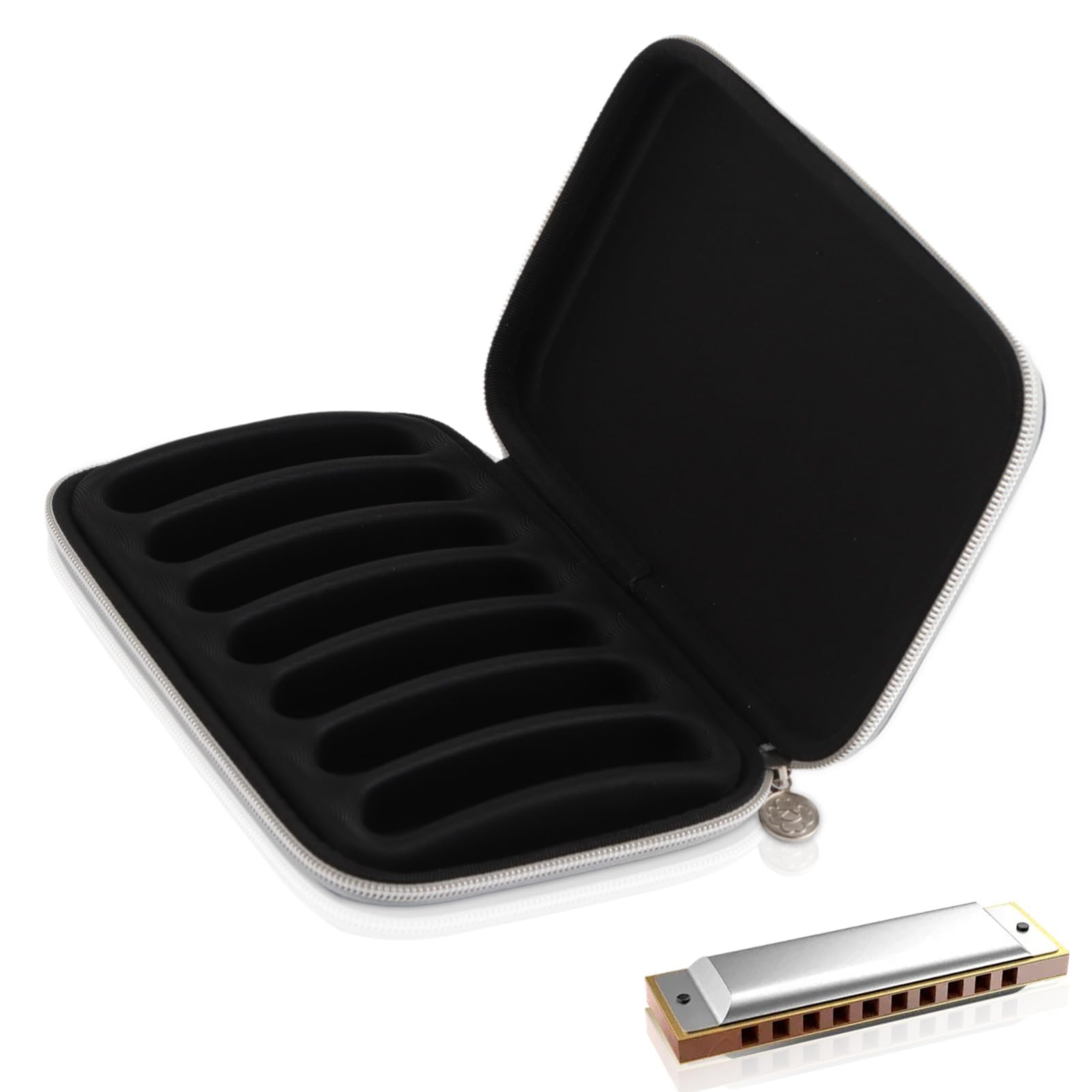 Estuche Para Armónica, 7 Armónicas Harmonica Estuche De Transporte Estuche De Almacenamiento Con Cremallera Para Armónica Negra De Cuero PU Para Armónica de 10 Agujeros