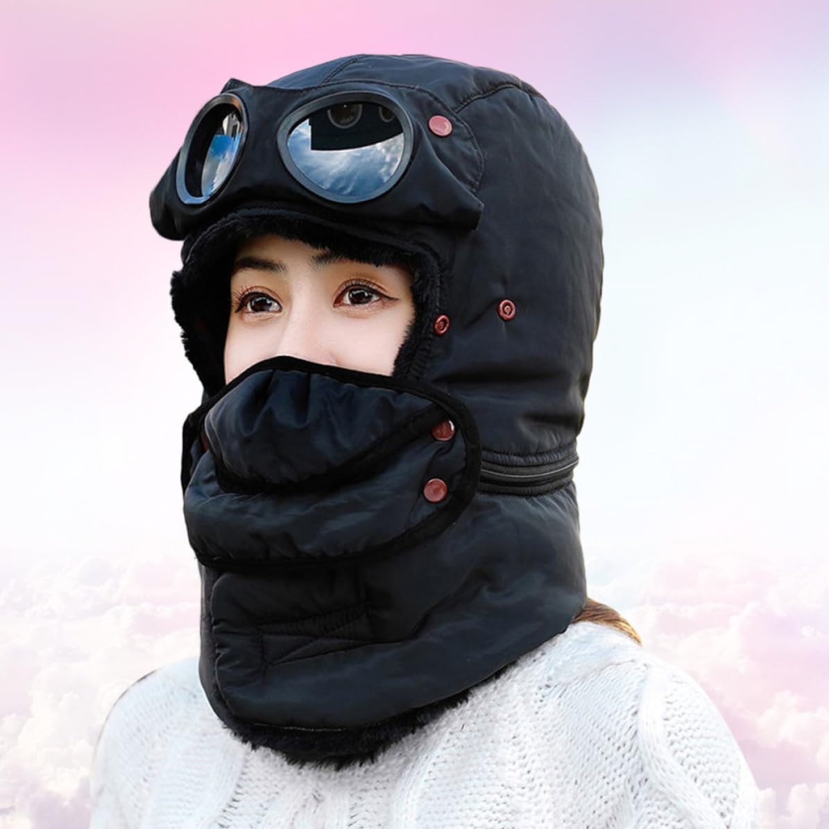 Black Windproof Face Cover Hat for Skiing and Cycling, Cotton