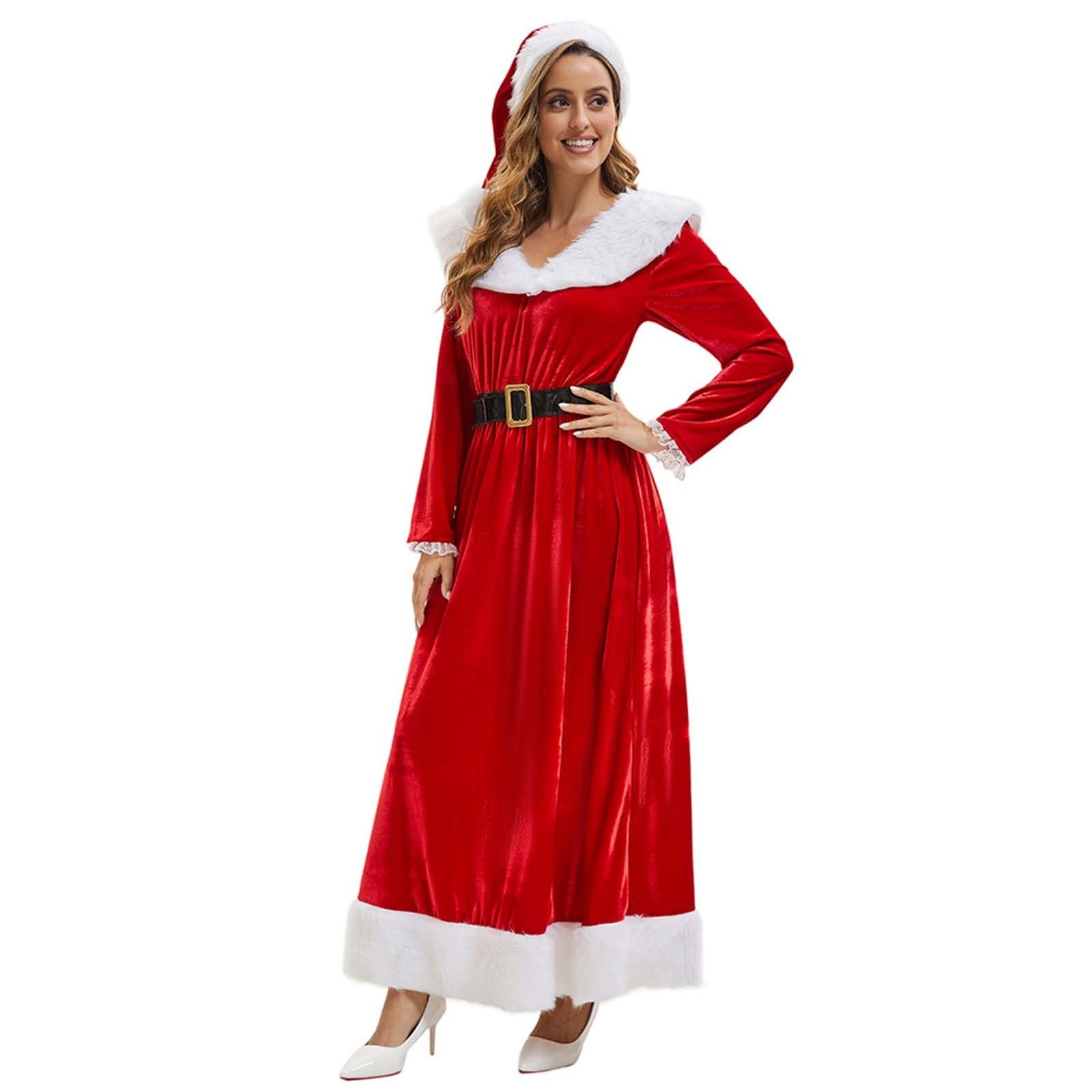 Generisch Vestito di Natale da donna, in velluto, a maniche lunghe, con scollo a O, per feste, Babbo Natale, per adulti