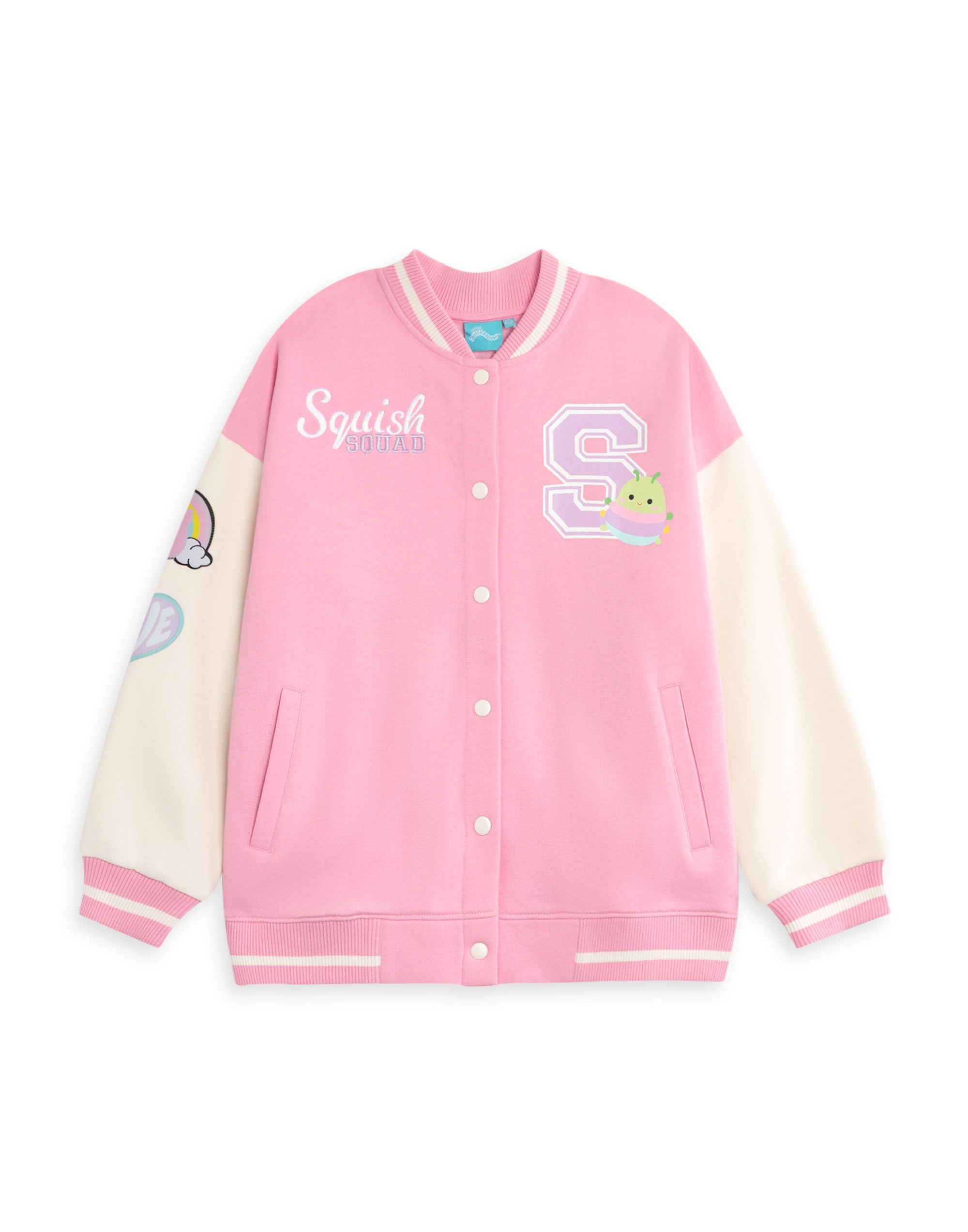 Squishmallows Girls Pink Varsity Bomber Jacket | Long Sleeve Outerwear Character Graphics