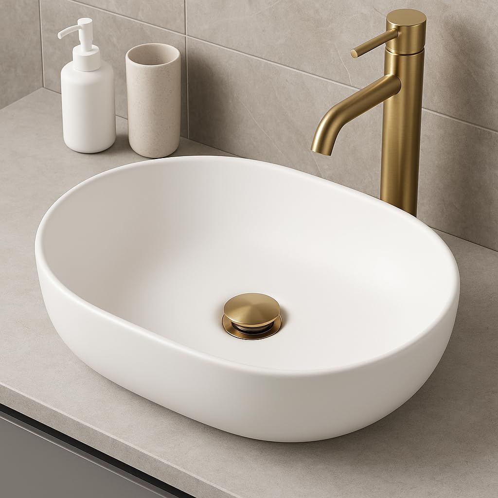 IMEX - Valvula de Click Clack Apta para lavabos y bides, Desagüe Lavabo Fácil instalación Tapones de Desagüe Lavabo, Universal con o sin Rebosadero, Pop-Up Oro Cepillado - VCC014