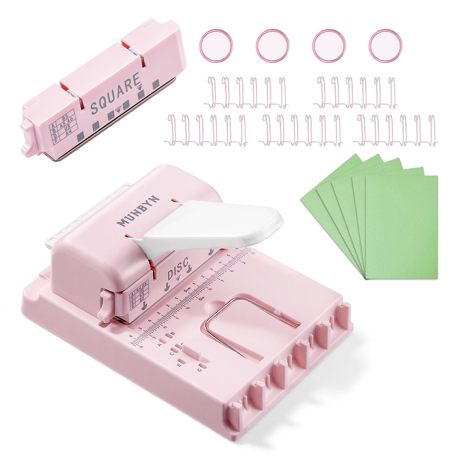 MUNBYN Encuadernadora, Cabezales Intercambiables, Perfora Papel A4 70g, para Planificadores A4/A5/B5, Diarios DIY y Scrapbooks – Rosa