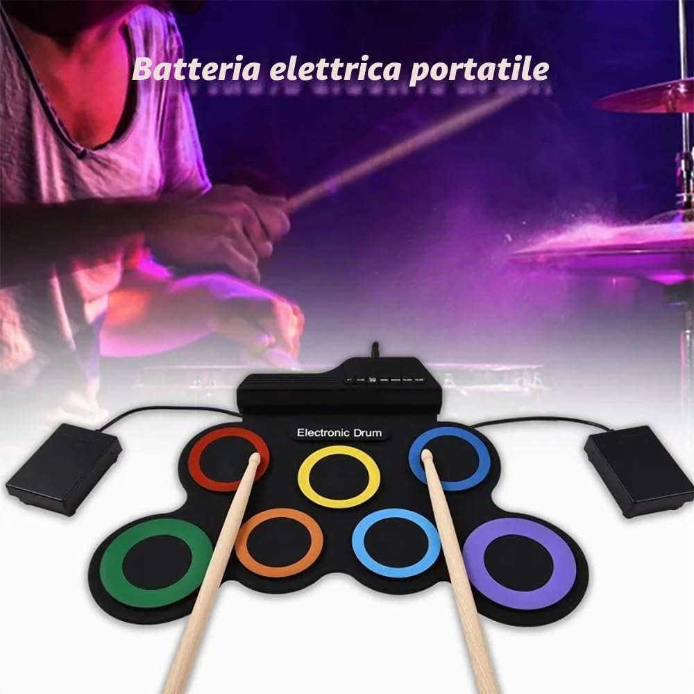 NEWFUN Batteria Elettronica Adulti, Tappetino Arrotolabile per Esercitarsi con 7 Drum Pad in Silicone con Mazzette e Pedale per Principianti