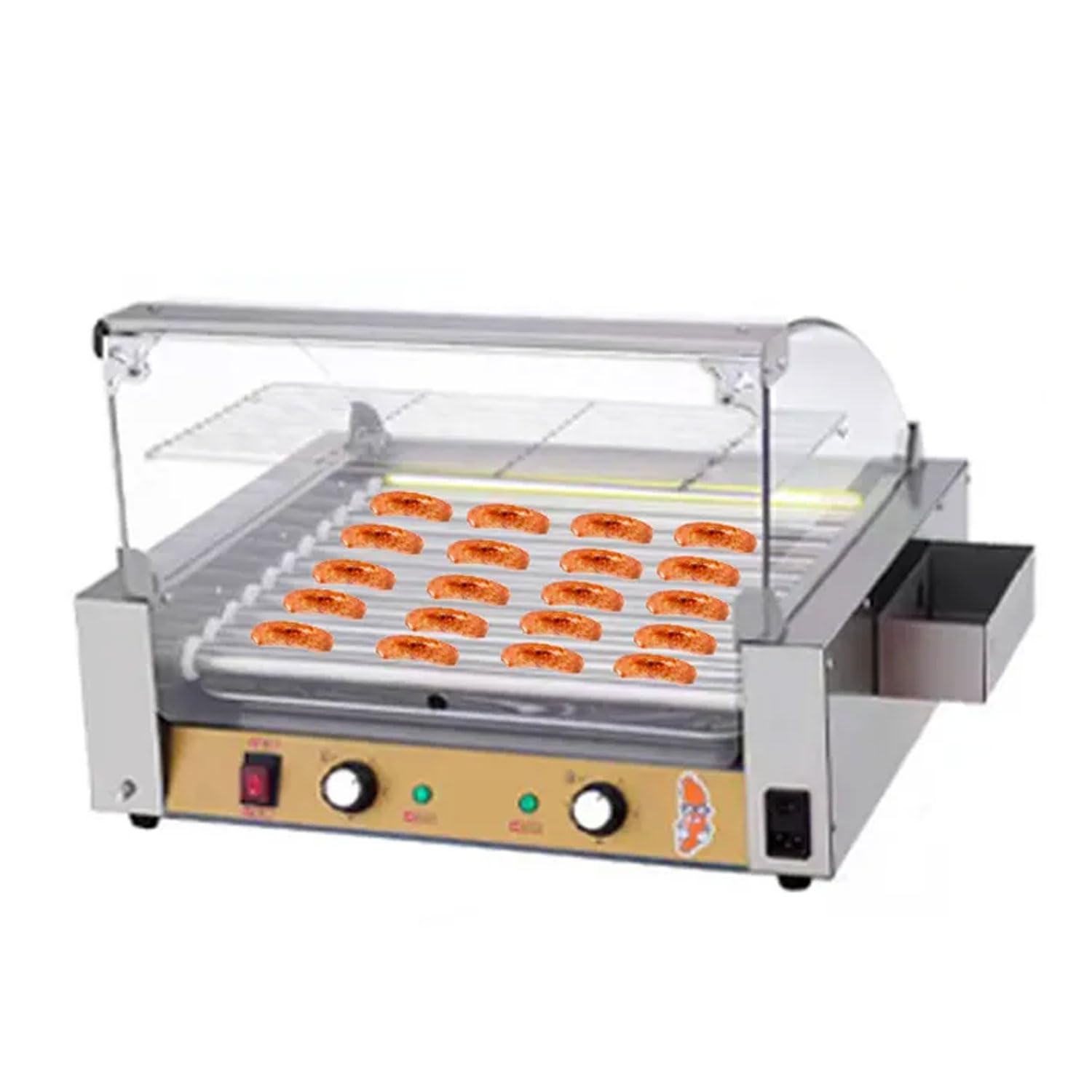 Rouleau À Hot-Dog Commercial, Machine À Griller Les Saucisses Électrique en Acier Inoxydable 1050 W avec Interrupteur Indépendant, Réglage 50-200 ℃, Couvercle Anti-poussière Amovible