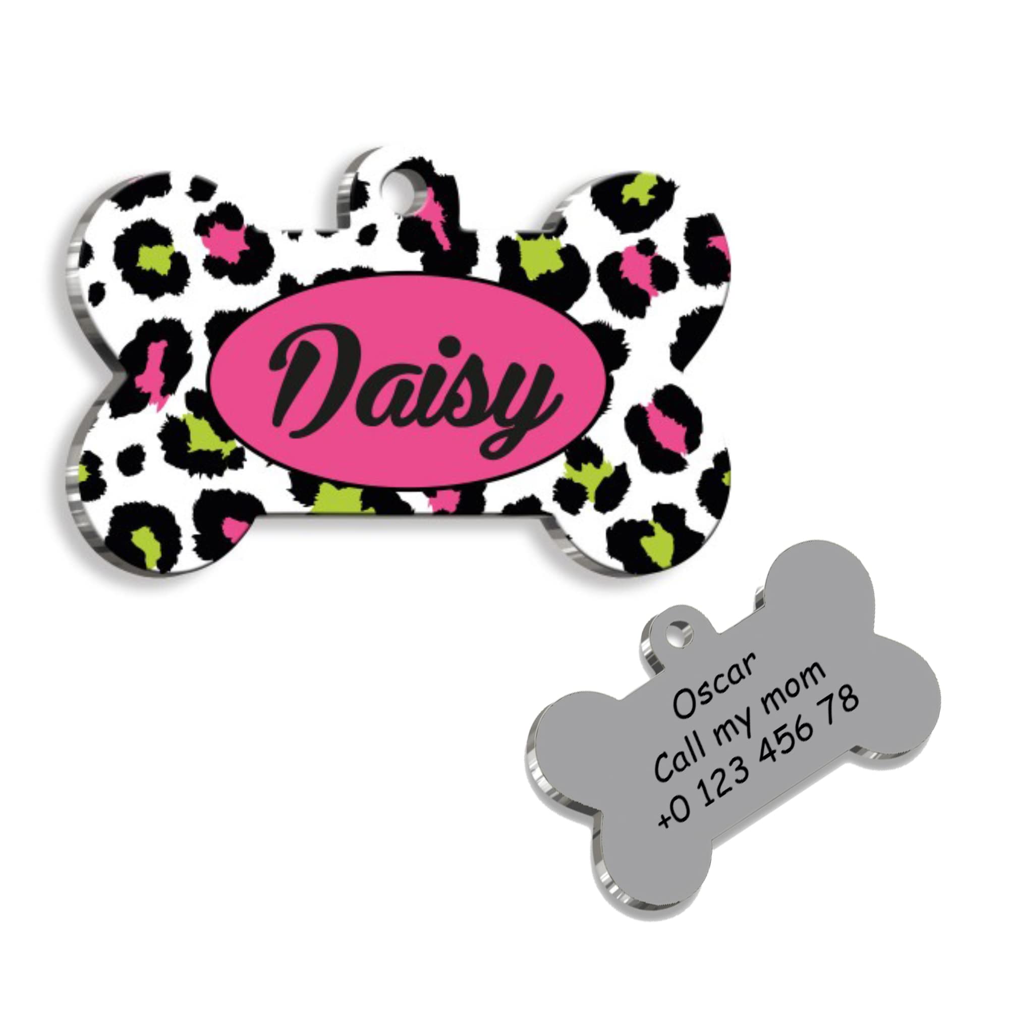 Colorful Pink Leopard Bone Personalized Dog Tag - Custom Name Tag - ID Tag for Dog & Cat - Customized Pet Tags - Dog Name Tag - Cat Name Tag - Engraved Dog Tag