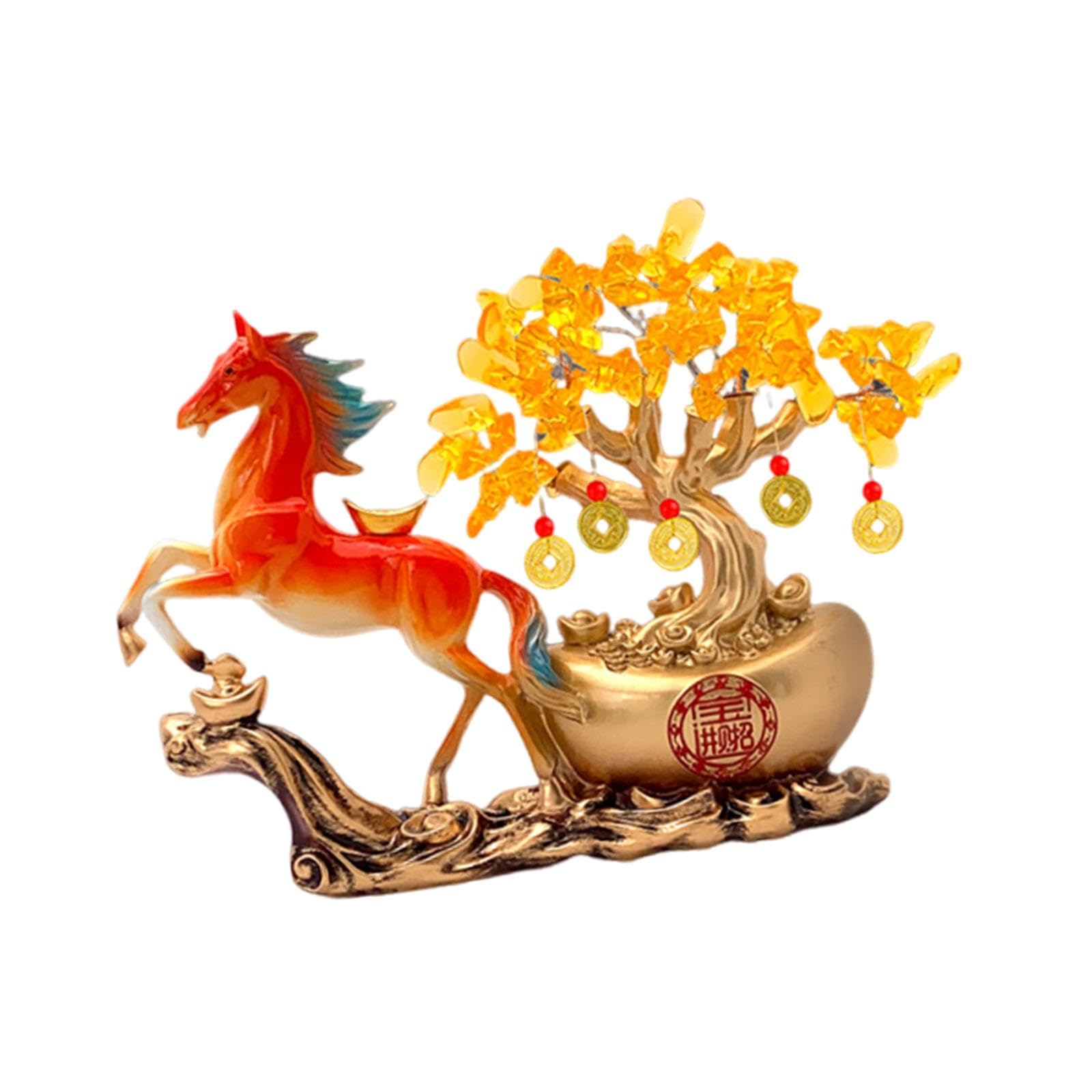 Gralara Money Tree Estatua Caballo Adorno Moneda Escultura Resina Coleccionable Figura Caballo Función Fortuna Prosperidad Adecuada para Oficina C, Naranja Roja, Individual