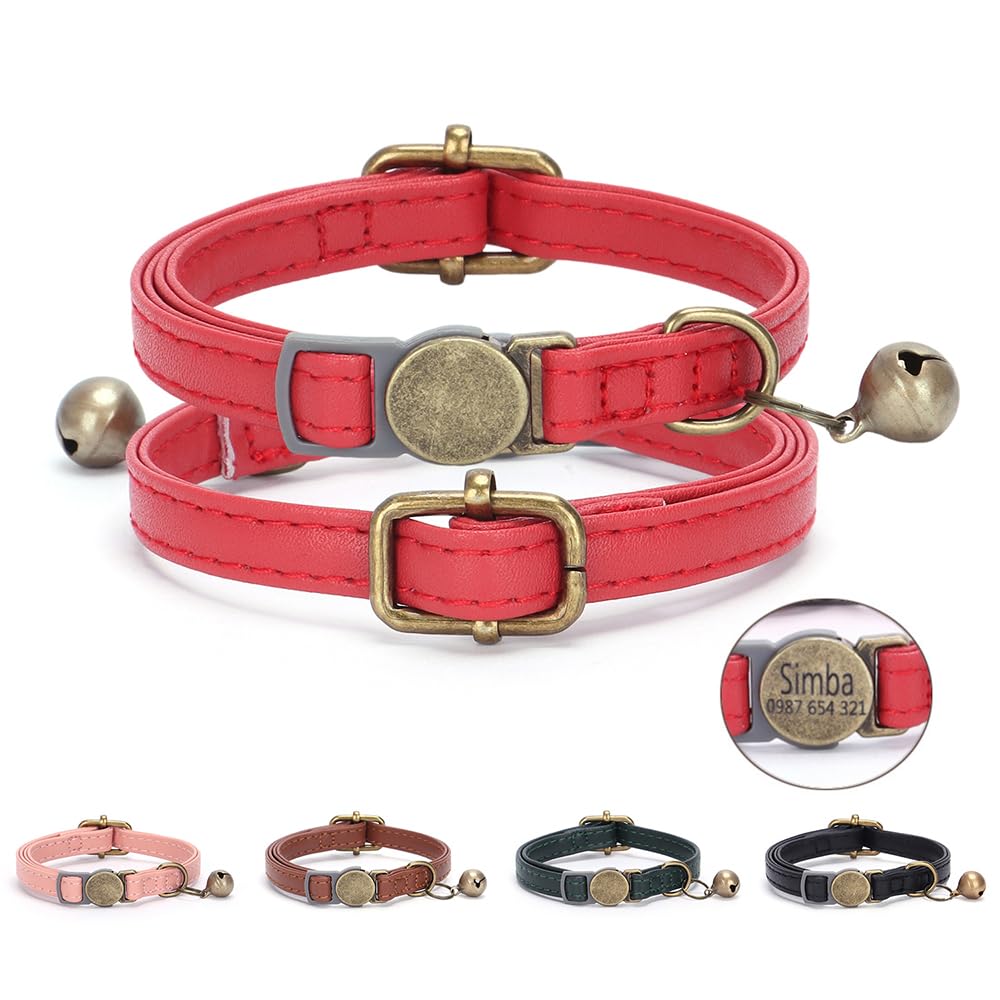 Personalized Retro PU Leather Cat Collar with Engraved Tags, Durable, Wear-Resistant, Adjustable, with Name, Phone Number and Bell (Style01)