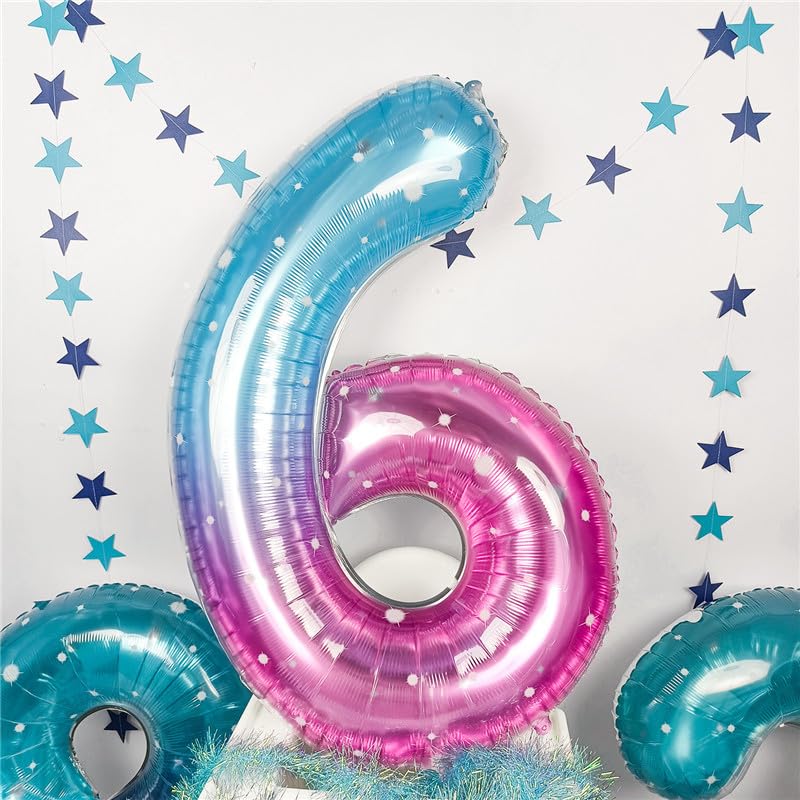 Image of 40 Inch Balloon Number 6 Blue Pink, Large Foil Mermaid 6 Balloons Number for Women, Starry Rainbow Globos de Numero 6 Helium Balloons for Girls 6th Birthday Anniversary Graduation Party Decorations