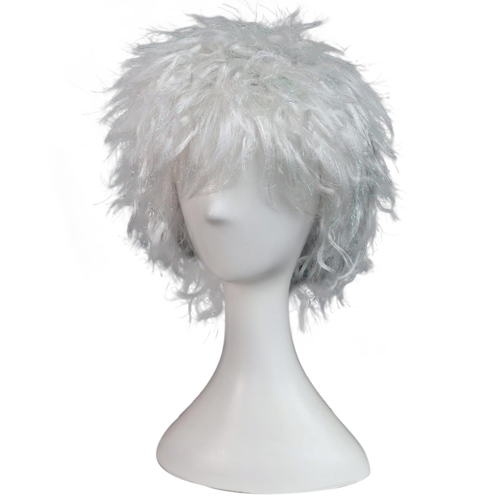 BECULINA Silver Spiky Wig with Hair Cap Mens Short White Layered Wigs with Bangs for Men Silver Messy Fluffy Cosplay Wig for Halloween Christmas Party Costume Outfit Hair - Image 3