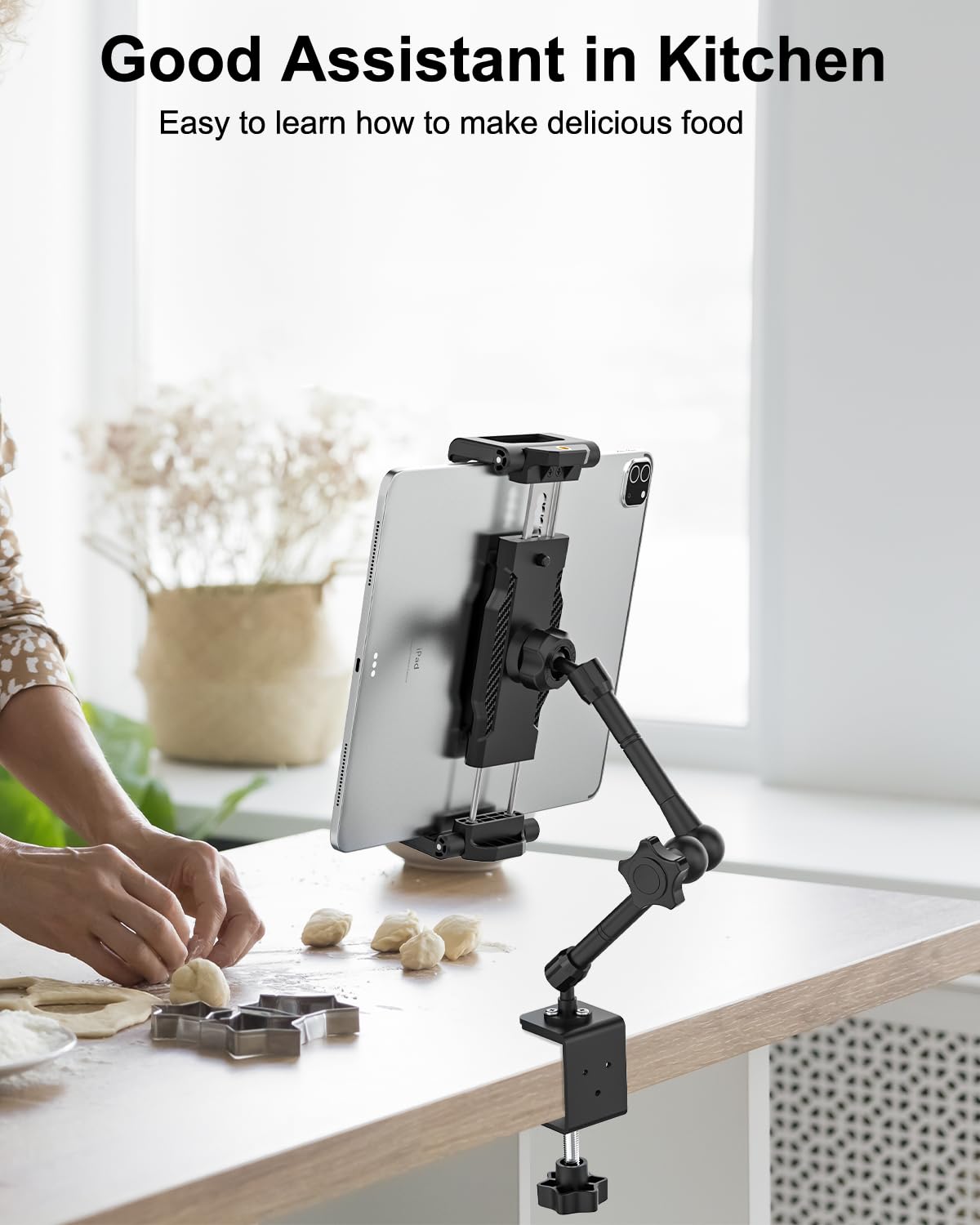 Supporto per tablet da cucina – [braccio regolabile in metallo] supporto per tablet da scrivania da letto con morsetto grande profondità 3,2 cm per iPad Pro 13 Air Mini, Galaxy, Fire, Switch, iPhone,