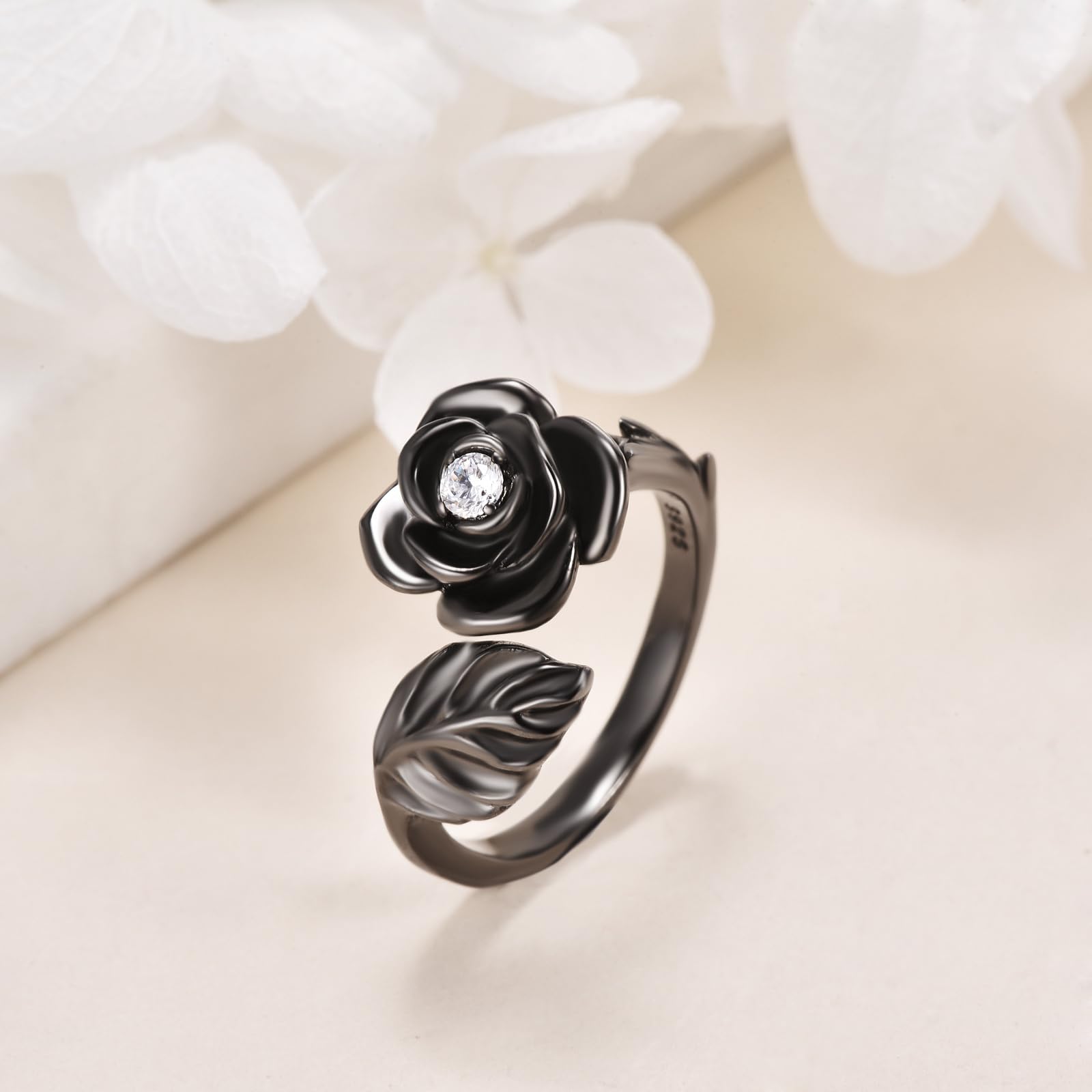 Anello a forma di fiore di rosa, per donna, in argento Sterling 925, con pistola placcata in nero, per mamma e moglie, Normal, Argento sterling, Nessuna pietra preziosa