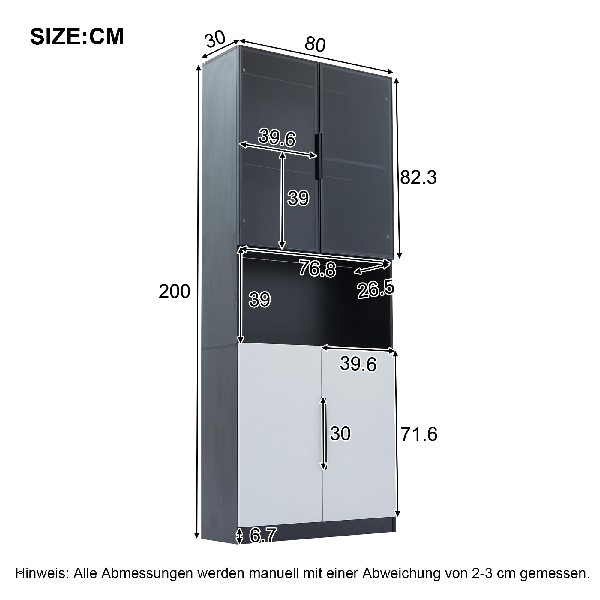 Vitrine mit Glastüren und LED-Licht, Vitrinenschrank Glasvitrine mit 5 Fächer, Highboard Sammlervitrine mit Verstellbare Schotten, Wohnzimmerschrank, Weiß+Schwarz, 80x30x200 cm
