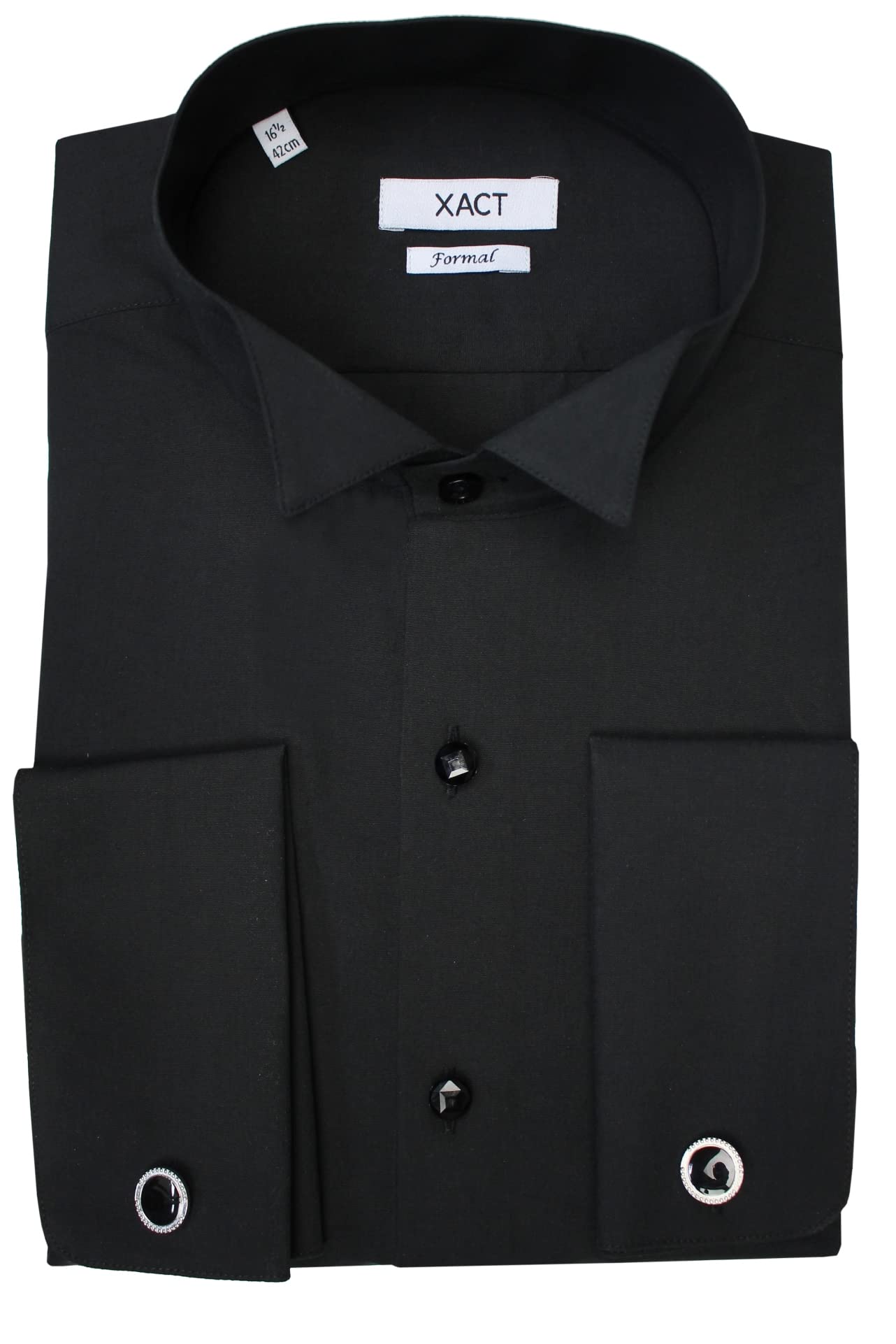 Xact Men's Formal Tuxedo/Dress Shirt with Double Cuff and Cuff Links (Black - Wing Collar - Black Buttons) 15"