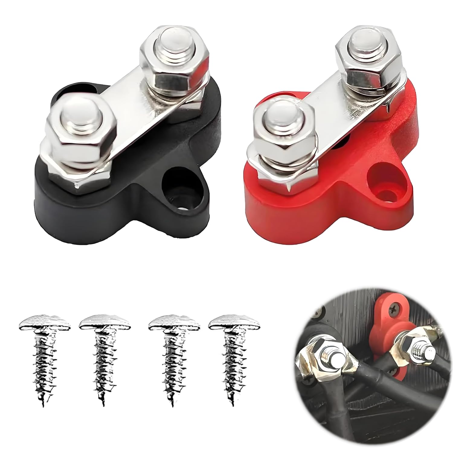 Xiciki 2PCS 12V Bus Bar Power Distribution Terminal Block, 12V-48V DC M8 Battery Junction Post with Dual Studs Positive & Negative Battery Junction Post for Auto, Marine, Boat, Trucks (Red & Black）