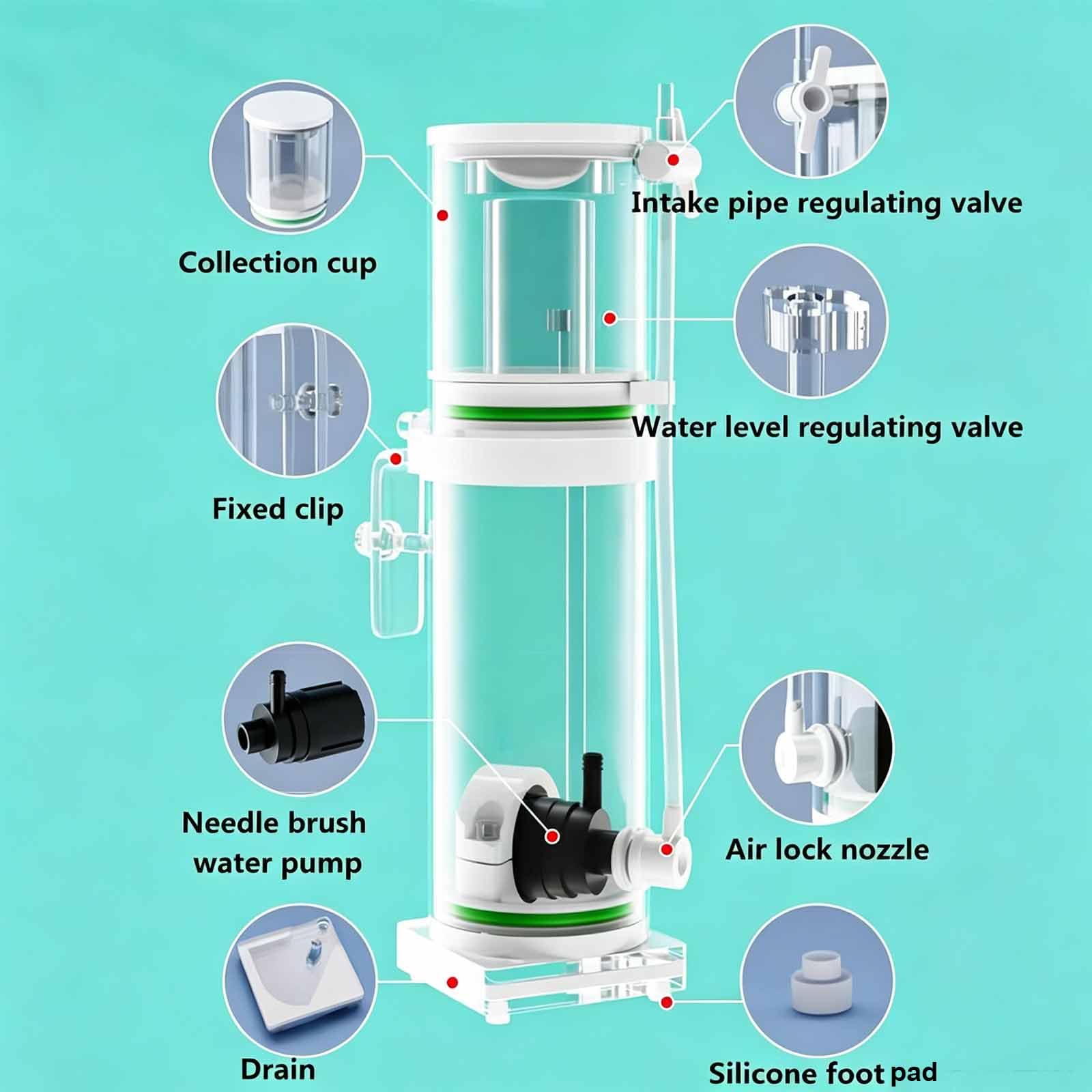 Espumador De Superficie para Acuario, Espumador De Proteínas Interno para Pecera, Apto para Acuarios De 5l A 40l/15l A 90l, Nivel De Agua Ajustable, Válvula De Aire con Perilla 15-90L