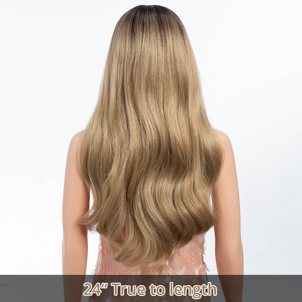 Style Icon Synthetic Lace Front Wig with Curtain Bangs 24 inch Long Wave Wig for Women Ombre Blonde Layered Wigs with Bangs Pre Plucked with Baby Hair 13x4x1 Middle Part 150% Density - Image 4