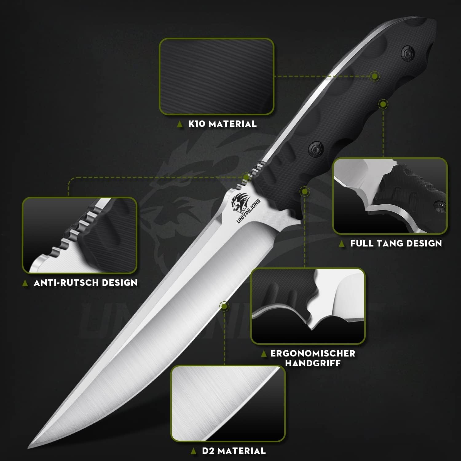 Cuchillo de supervivencia D2 full tang con funda, hoja fija out | Hoja D2 con mango G10 y funda incluida, diseñada para aventureros, cazadores y amantes del outdoor y supervivencia.