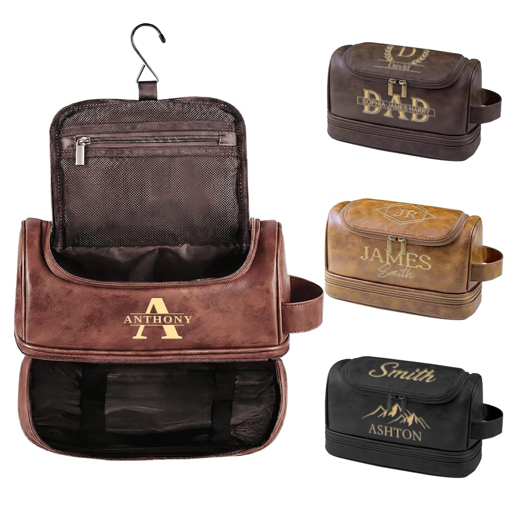 Personalized Toiletry Bag for Men PU Leather Men's Toiletry Bag for Traveling, Father Day Gifts for Men, Dad, Engraved with Pattern & Text, Gift for