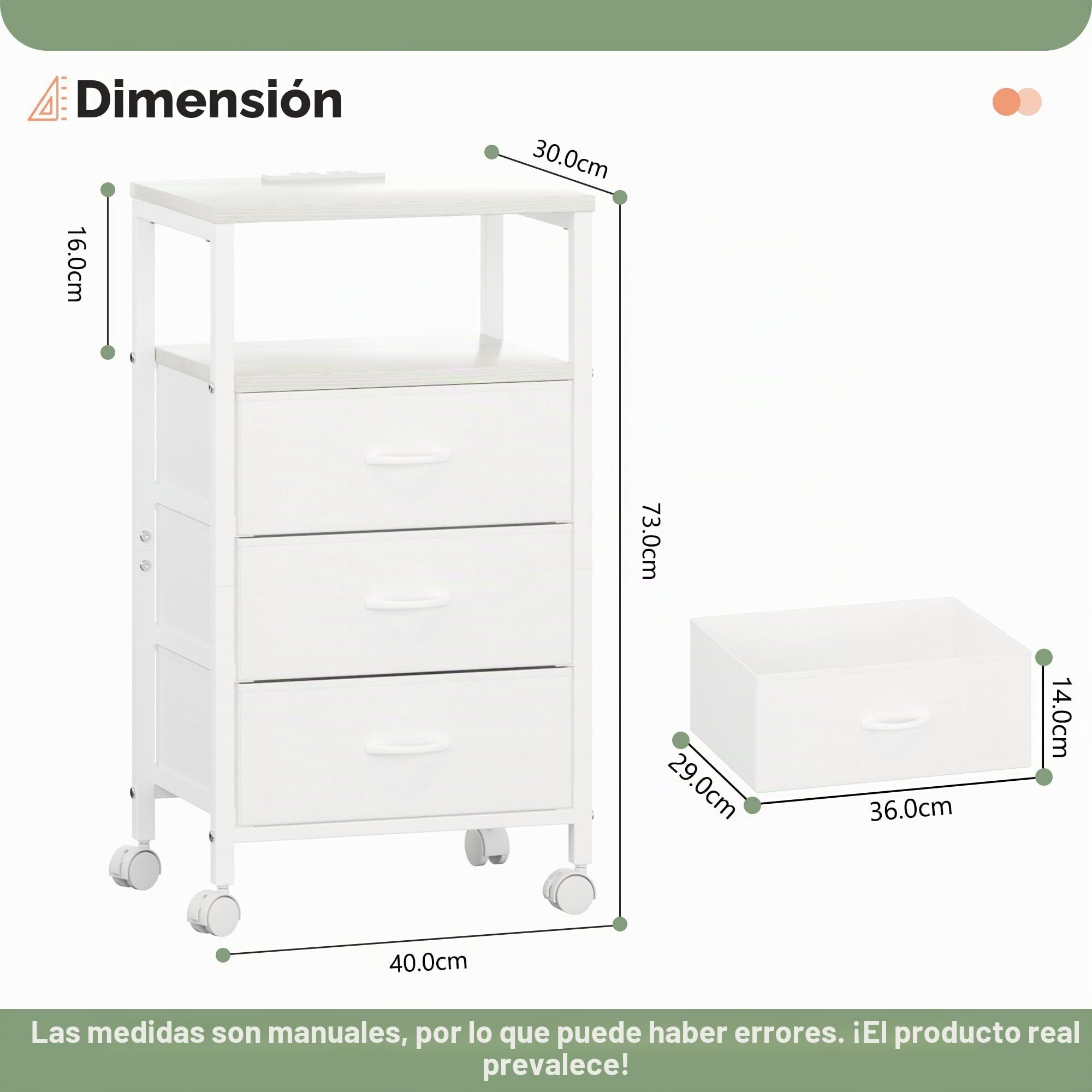 Lutown-Teen Mesita de Noche Blanca Alta de 73 cm, Mesa Auxiliar con Enchufes, Estructura de Metal y 3 Cajones de Tela, Mesillas de Noche con Ruedas, para Dormitorio, Salón, Blanco