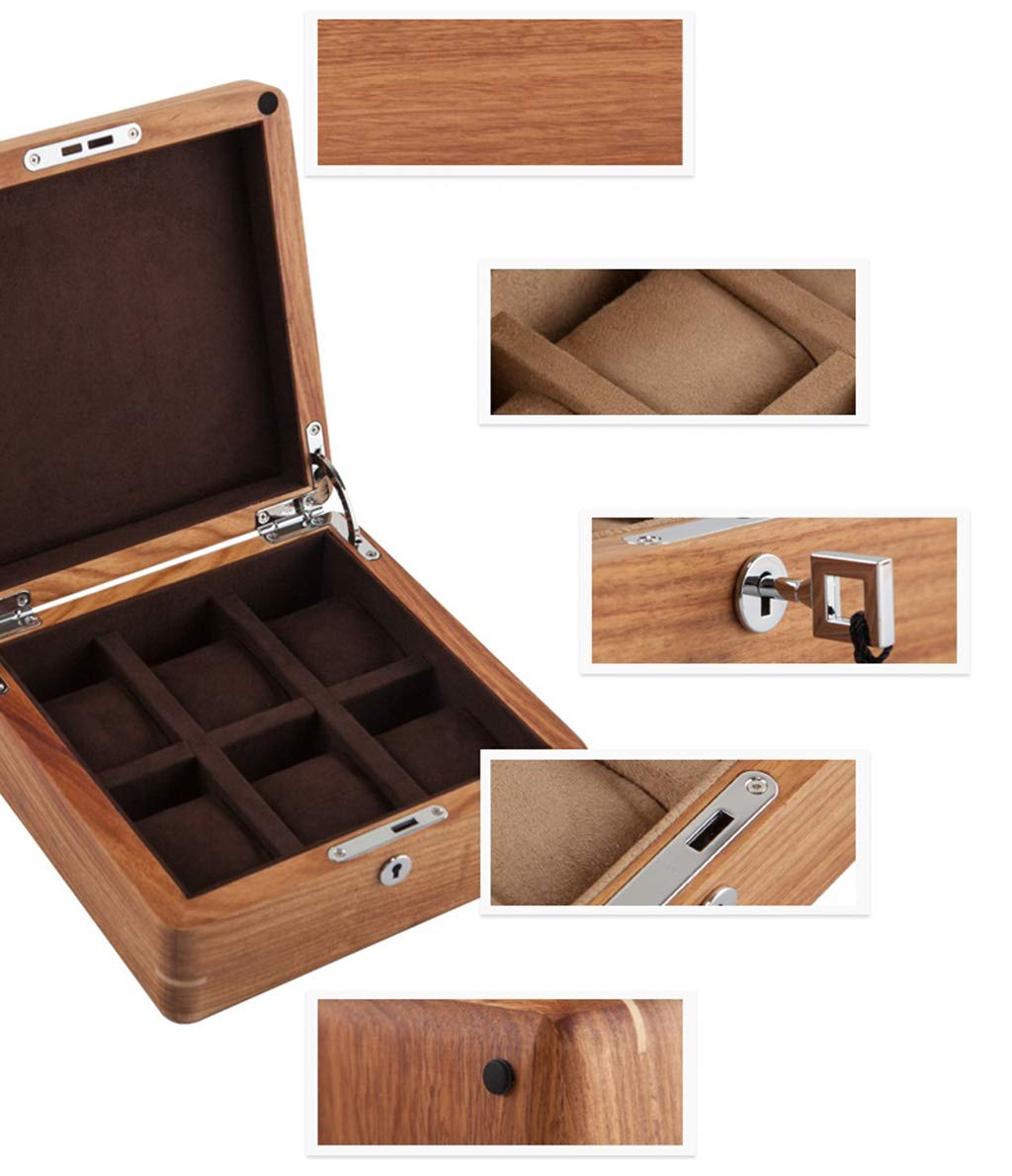 Caja de reloj de madera con 6 ranuras para relojes, caja de almacenamiento para exhibición de joyas con almohada de almacenamiento extraíble para hombres, mujeres, cumpleaños, día de San Valentín