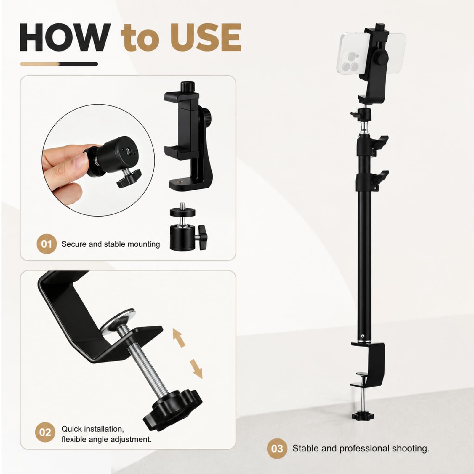 Shimeyao Confezione da 4 supporti da scrivania estensibili per fotocamera, supporto regolabile da 38 a 89 cm, morsetto a C da tavolo per webcam, luce ad anello per streaming live e riprese video