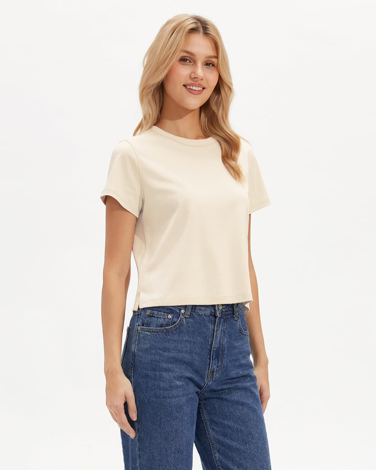 Stelle Women's Short Sleeve Crewneck T-Shirts Cotton Basic Tees Summer Casual Solid Crop Tops - Image 2