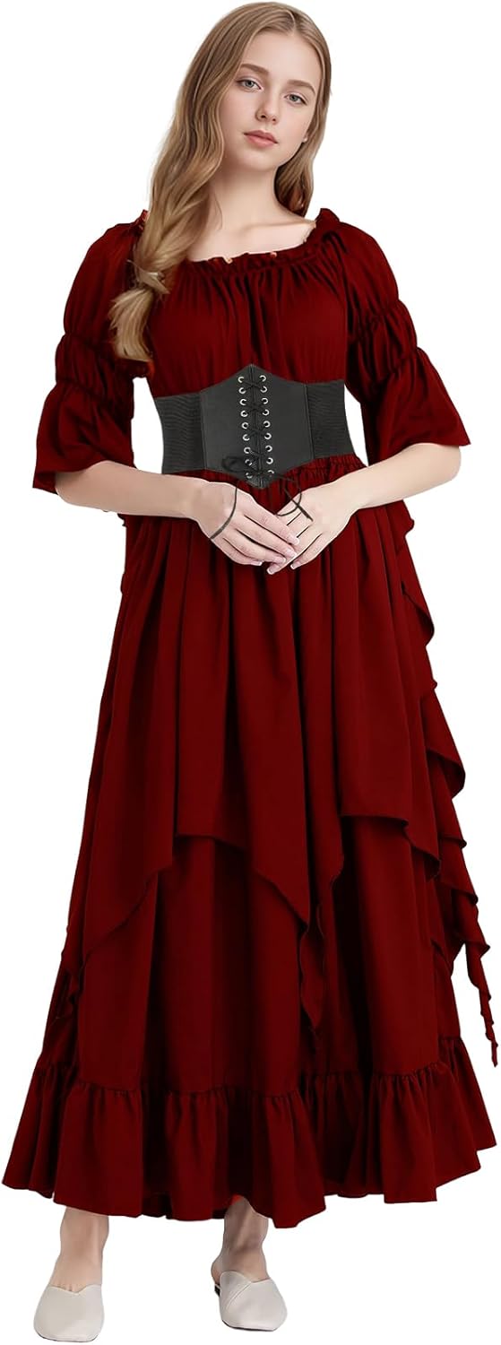Renaissance Dress Women Gothic Witch Dress Medieval Ruffle Victorian High Low Dress Costume Set with Corset Belt - Image 5