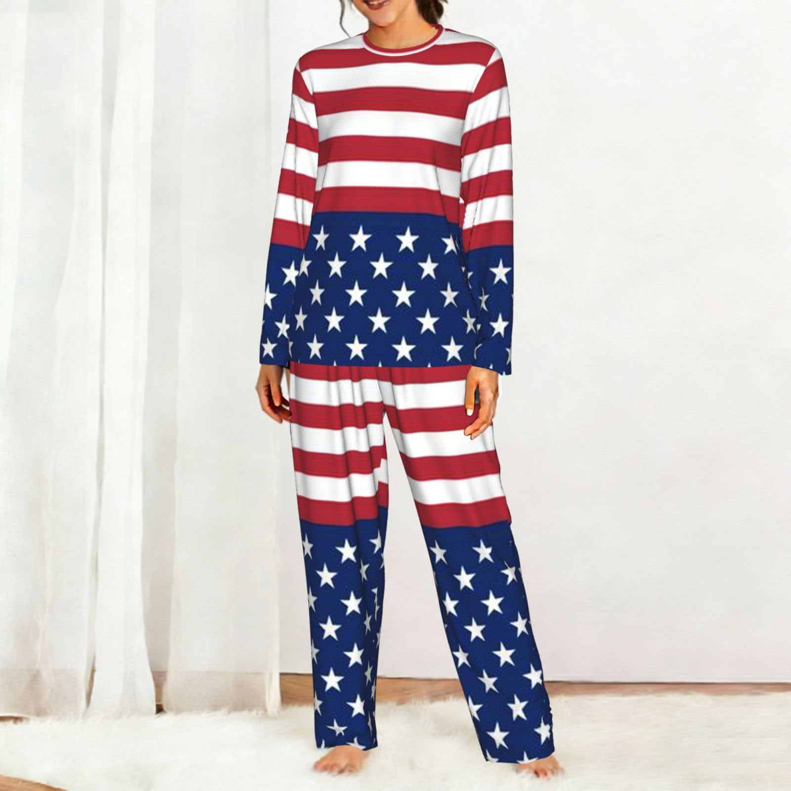 Bandiera americana stelle strisce stampa donna manica lunga pigiama coordinato morbido elastico coulisse casual daywear