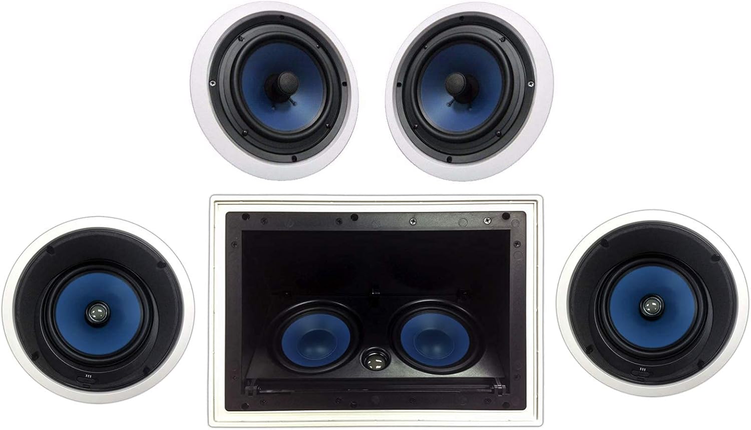 Silver Ticket Products in Ceiling Speaker Package 5.1, 1 x Center Channel, 1 x Left & 1 x Right Channel, 2 x Surround Speakers.