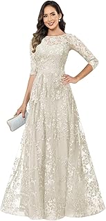 Lace Appliques Mother of The Bride Dress Sequins Crewneck 3/4 Sleeves A-Line Elegant Formal Dresses