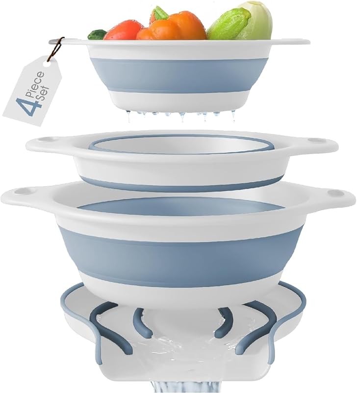 Coladores plegables (juego de 3 unidades) coladores de alimentos con base de drenaje de agua sobre el fregadero para pasta, frutas y verduras, blanco/azul (3 tamaños, 3 cuartos, 4 cuartos y 5 cuartos)