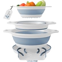 Gevoli Collapsible Colanders 3 Pack Set Food Strainers with Over-Sink Water Draining Base for Pasta Fruits and Vegetables, White/Blue 3 Sizes, 3QT, 4QT and 5 Quart