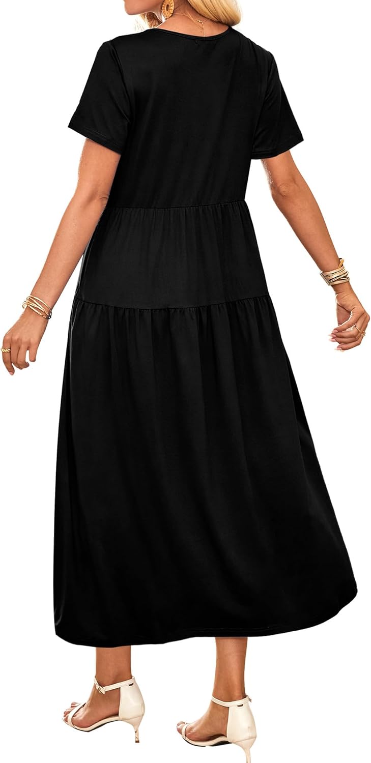OFEEFAN Maxi Dress Casual Dresses for Women Crew Neck Short Sleeve Tiered Dress with Pockets - Image 5