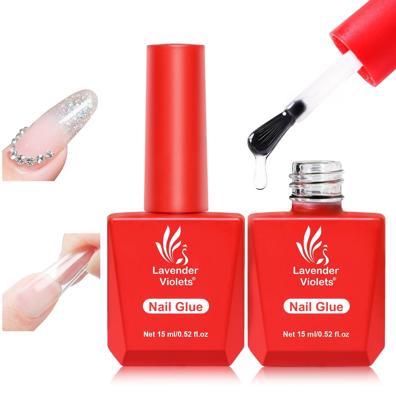 Lavender Violets 2Pcs 15ml Gel Nail Glue for Acrylic Nails Tips, 10 in 1 Nail Glue for False Nail Tips Base Building Rhinestone Blooming Art Gel Long Lasting U V Light Cure A111x2
