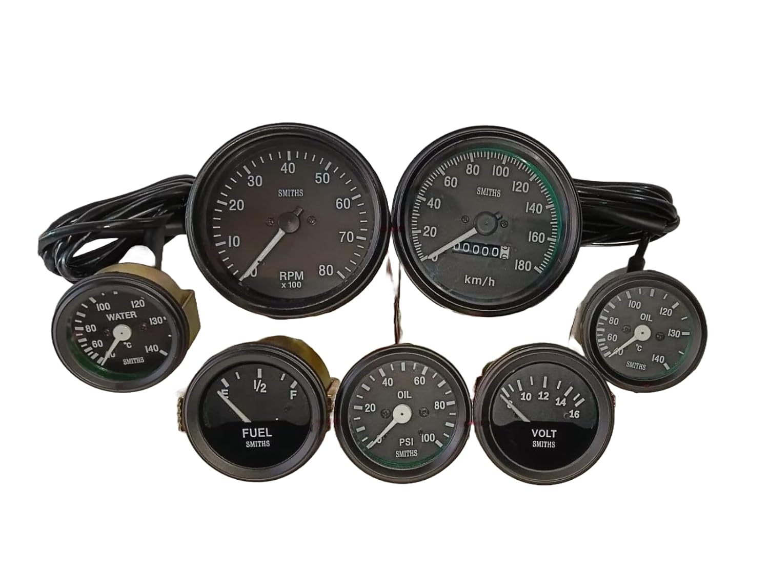 Mechanical gauges Set Smiths Type 85 mm Speedometer clockwise kmph tacho 85 mm Clock Wise Mechanical Temp + Oil Temp Gauge + amp + Fuel Gauge + mechanica Oil Gauge 1/8" 52 mm Black Black Bezel