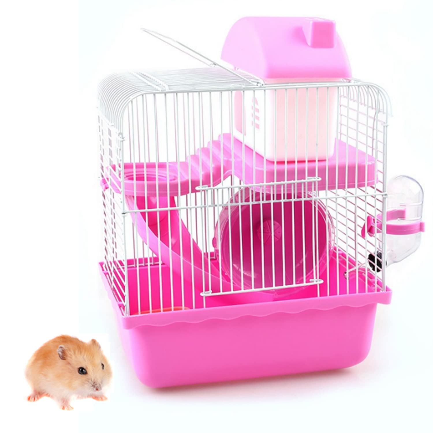 TAME Habitrail Cristal Hamster Cage, Small Animal Habitat with Hamster Wheel, Stair Slide，Water Bottle and Hideout Luxury Complete Equipment Pink