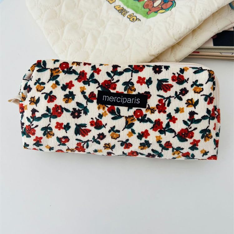 Image of Flower Prints Pencil Pen Pouch Purse Bag Cosmetic Case Organizer Soft Cotton Canvas (E)