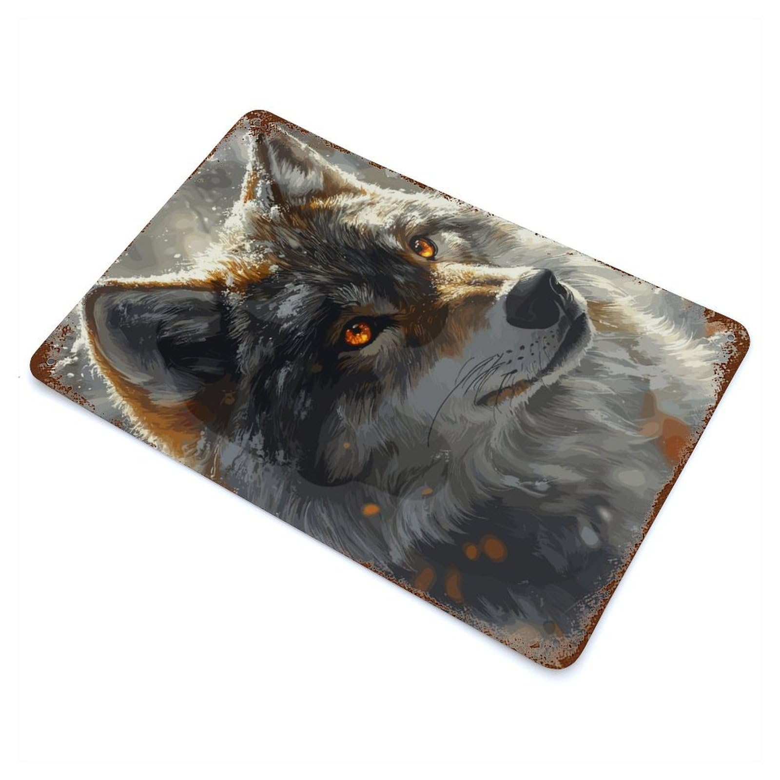 Wolf with Fiery Eyes Rust Effect Tin Sign 11.8"x7.9", Vintage Wall Decor for Garage, Pub Or Kitchen