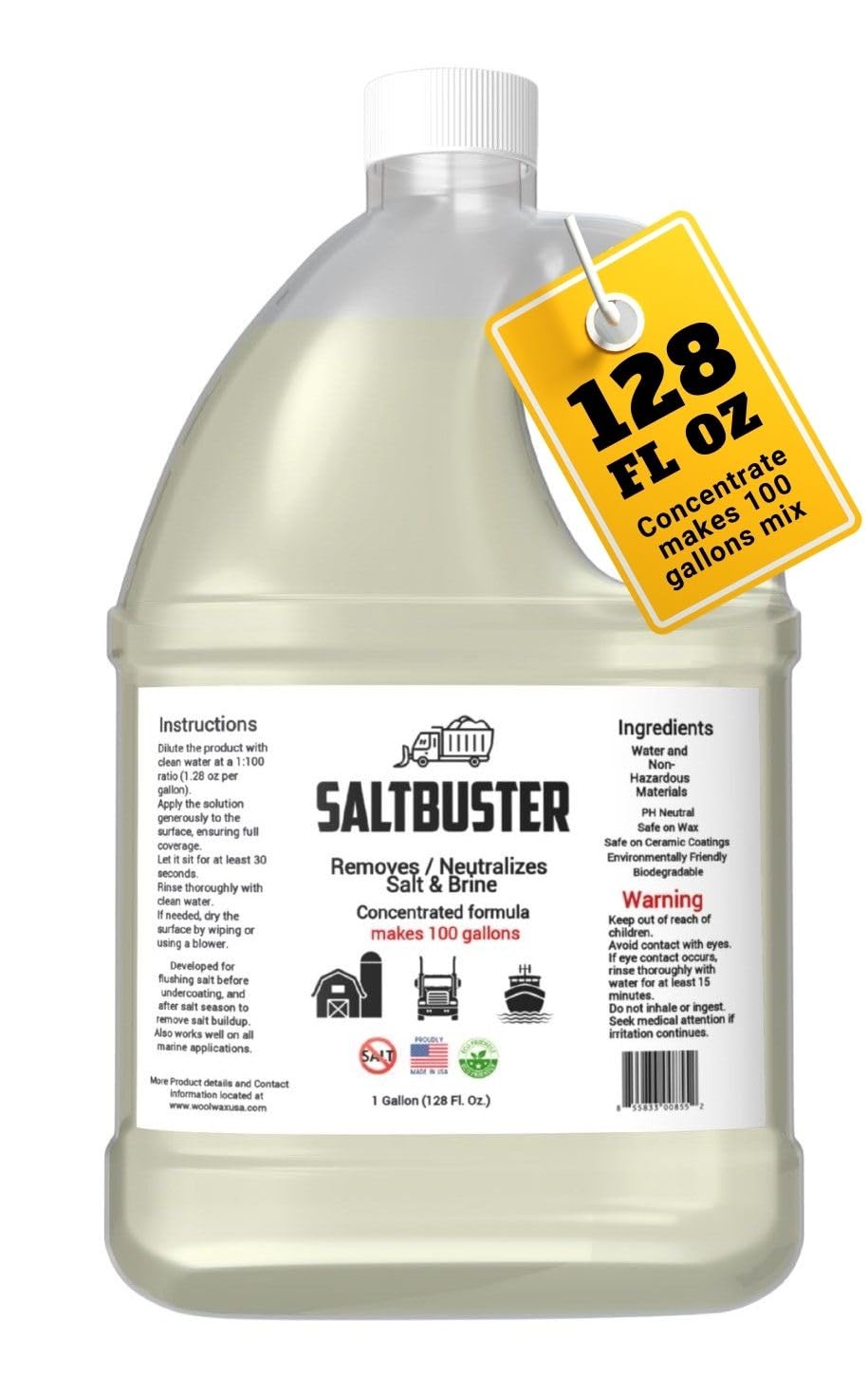 woolwax SALTBUSTER Salt &amp; Brine Remover/Neutralizer for Auto &amp; Trucks, Concentrated PH Neutral Formula, 1 Gallon Makes 100 Gallons