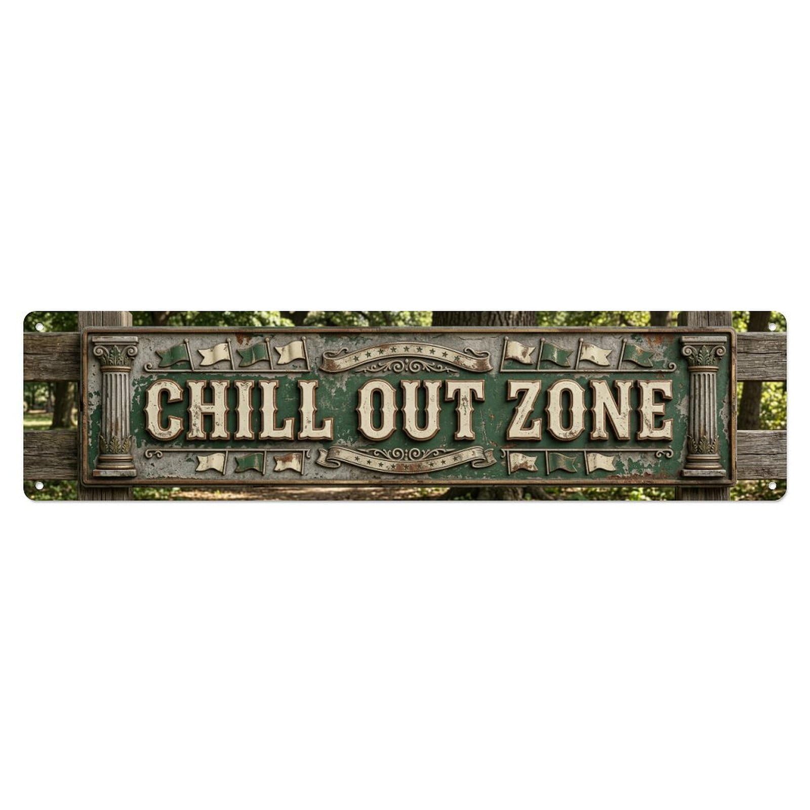 Chill Out Zone Worn Pavilion 3 Metal Tin Skinny Sign Plaque Wall Decor for Cafe, Club Bar, Office, Home Garden Metal Poster 4x16Inch
