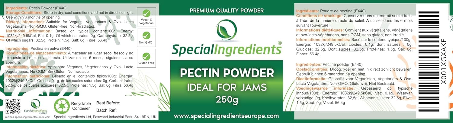 Special Ingredients Pectine 250 gr Poudre, Ideal pour Préparer Confitures, Marmelades, Chutneys et Pâtes de Fruits, Qualité Supérieure, Gélifiant, Végétalien Végétarien - 250 grammes