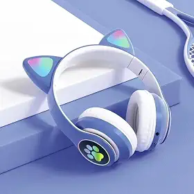 Fone de Ouvido Infantil Bluetooth com Orelhas de Gato, LED RGB, Dobrável, Ajustável, Design Kawaii para Crianças (Azul)