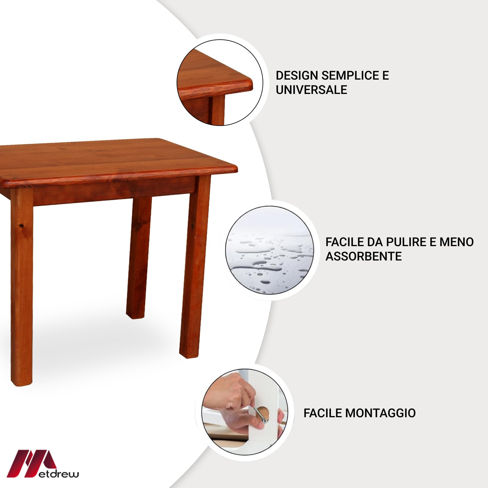 Tavolo da Pranzo in Legno 80x60 cm - Tavolo Cucina per 2 Persone - Tavolo Piccolo - Stile Rustico - Pino - Piano con Angoli Arrotondati - Calvados