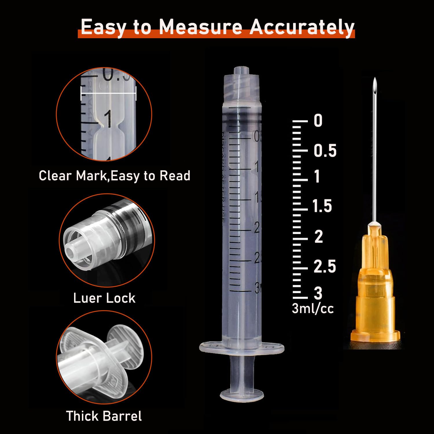 50 Pack 3ml/cc Disposable Luer Lock Lab Syringes with 25Ga 1.0 Inch Needle — Amazon image 4