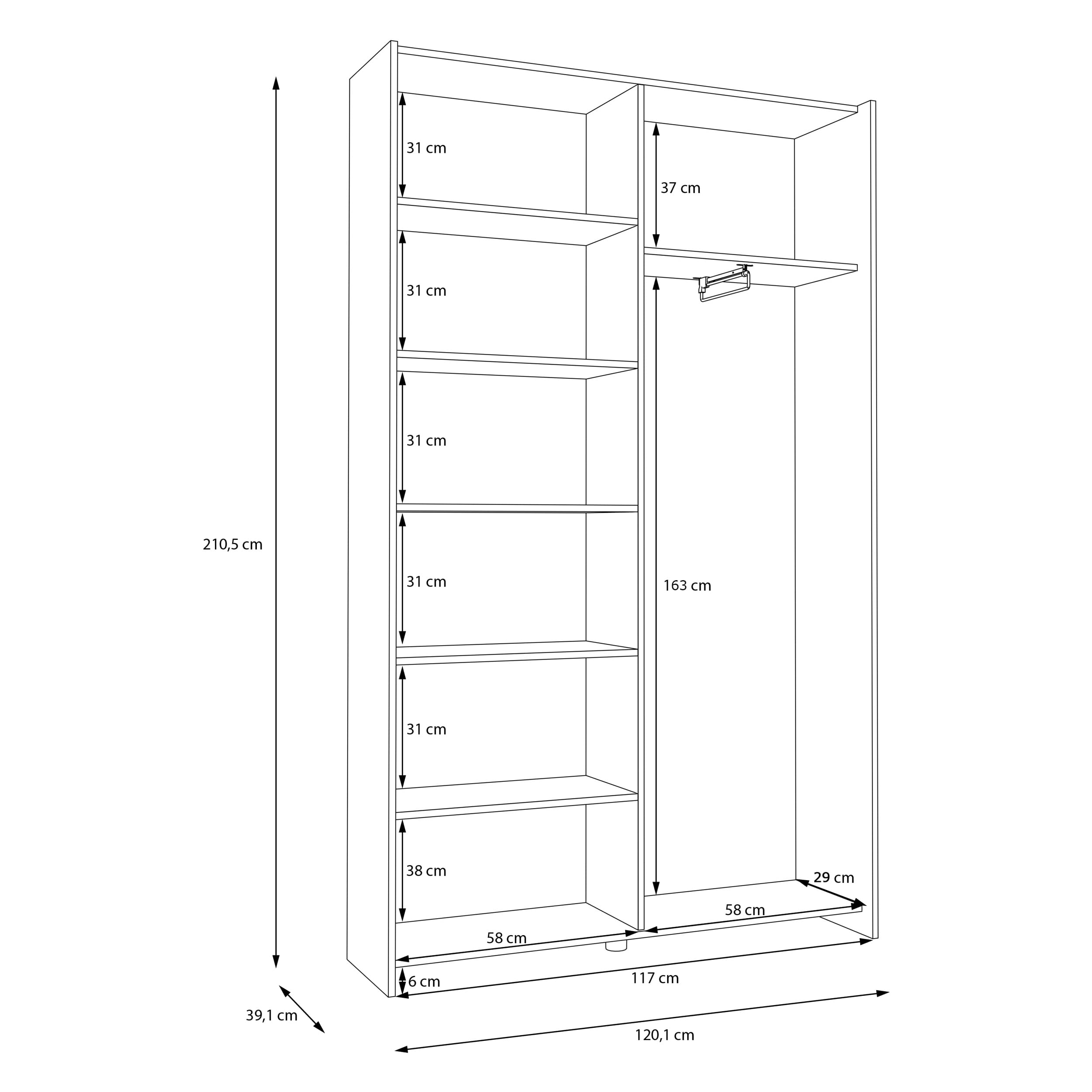 Forte Home Nook Armadio 120 moderno con 2 ante, camera da letto, legno bianco, larghezza 120,1 cm x altezza 210 cm x profondità 39,1 cm
