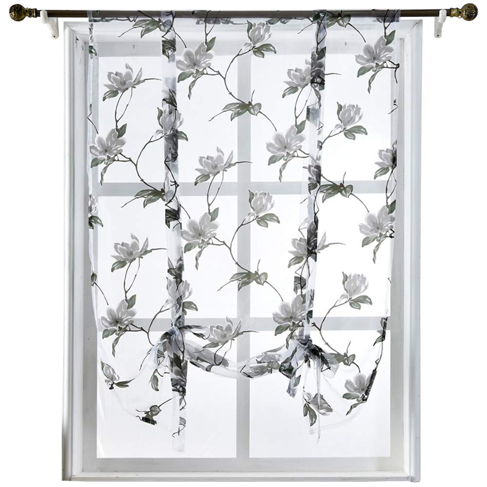 Floral Tie Up Curtains for Kitchen Window, Ajustable Rod Pocket Sheer Curtain Valance, Balloon Curtains for Bathroom Living Room, 1 Piece (42W x 63 L, Grey)