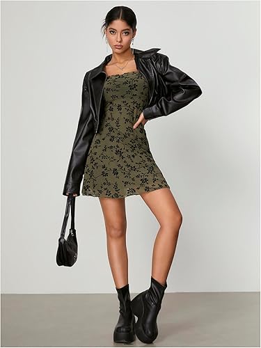 Miniatura 5 de WDIRARA Vestido de mujer con estampado floral de malla transparente con lazo en el hombro, sin mangas, dobladillo con volantes, acampanado