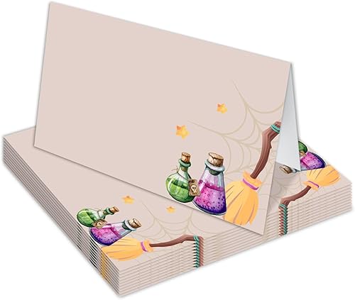 Tarjetas de lugar con escoba de mago, puntuadas para plegarse fácilmente, juego de 25 tarjetas de asiento de mesa estilo tienda, decoración de