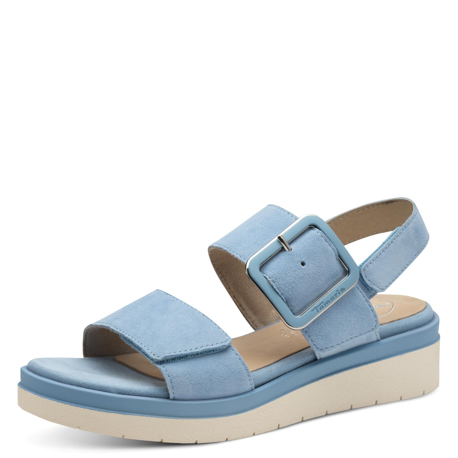 Tamaris Comfort Women’s Flat Leather Sandals with Buckle, Lt Blue Suede, 6 UK